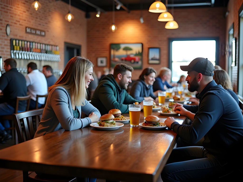 Family-friendly Fremont Brewing Company restaurant interior with craft beer taps and burgers