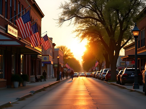 Fremont Nebraska historic downtown main street at sunset with brick buildings