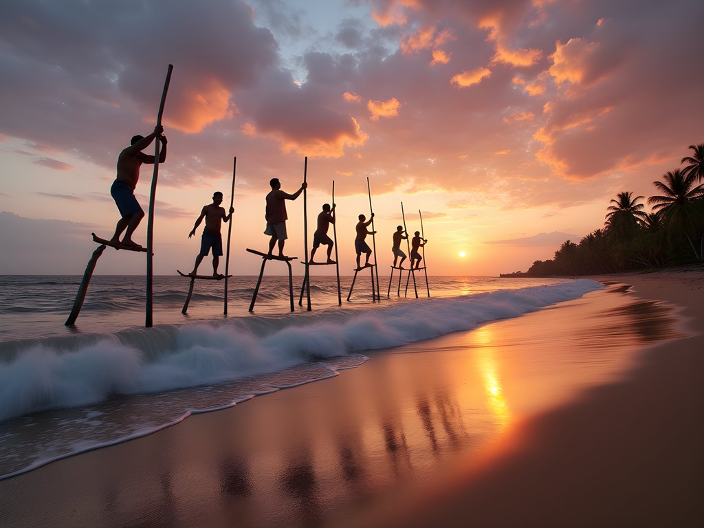 Traditional stilt fishermen at sunrise on the coast near Galle, Sri Lanka