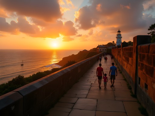 Sunset view from Galle Fort ramparts with ocean and lighthouse