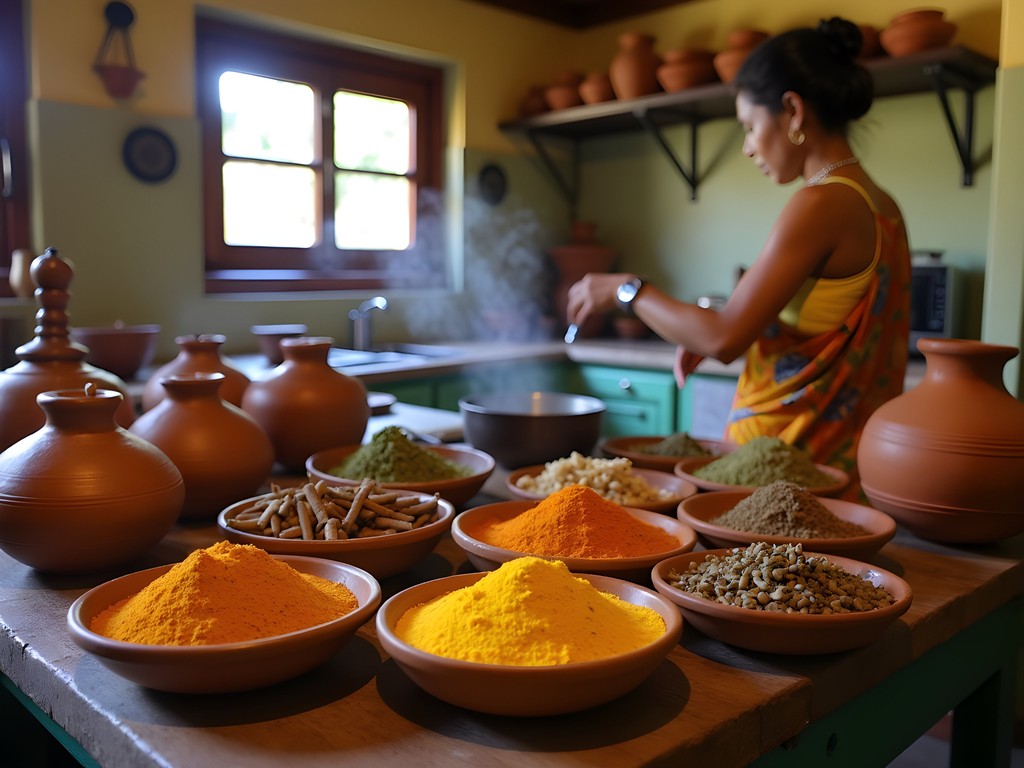 Traditional Sri Lankan cooking class with spices and clay pots in Galle Fort kitchen