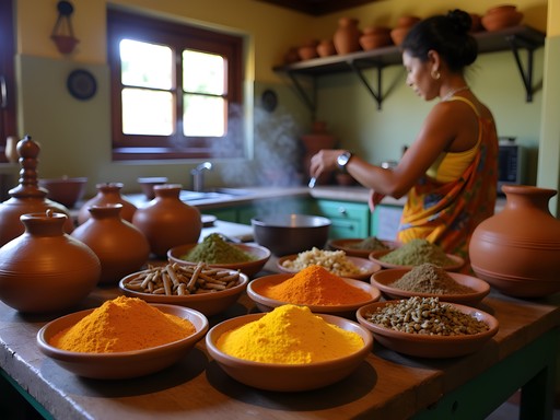 Traditional Sri Lankan cooking class with spices and clay pots in Galle Fort kitchen