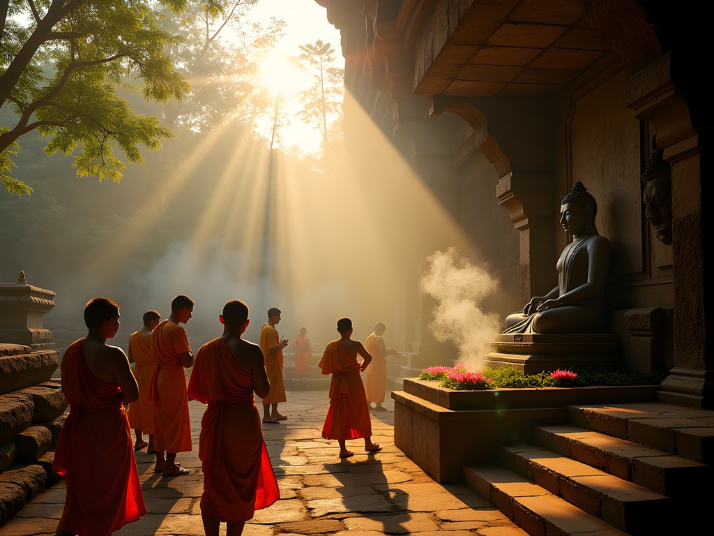 Morning Buddhist ritual at Yatagala rock temple near Galle with lotus offerings and monks