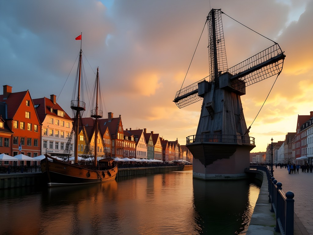 Historic medieval crane (Żuraw) on the Motława River waterfront in Gdansk at sunset