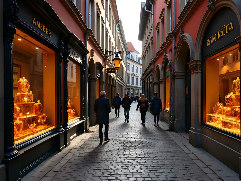 Characteristic terraced entrances and amber workshops along Mariacka Street in Gdansk