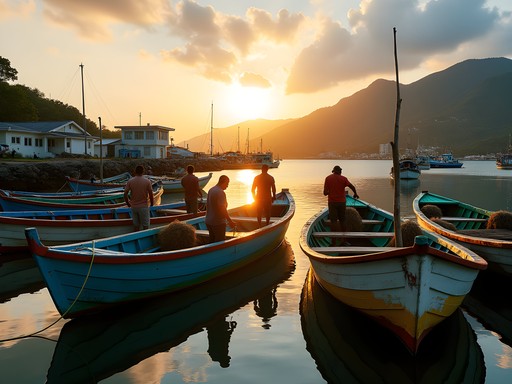Traditional wooden fishing boats in Georgetown harbor at sunrise