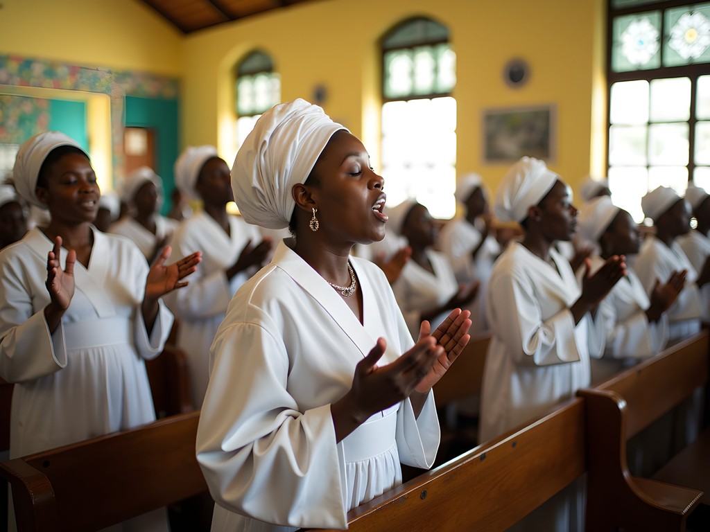 Vibrant Spiritual Baptist church service in Georgetown with worshippers in white