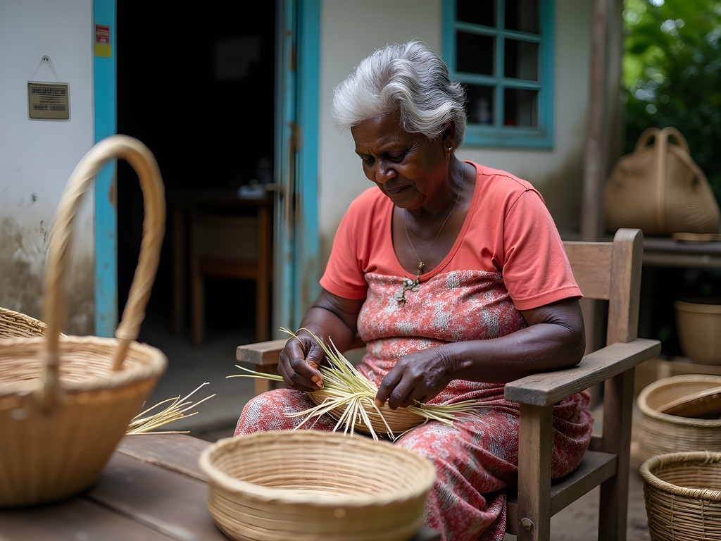 Elderly woman demonstrating traditional basket weaving techniques in Georgetown