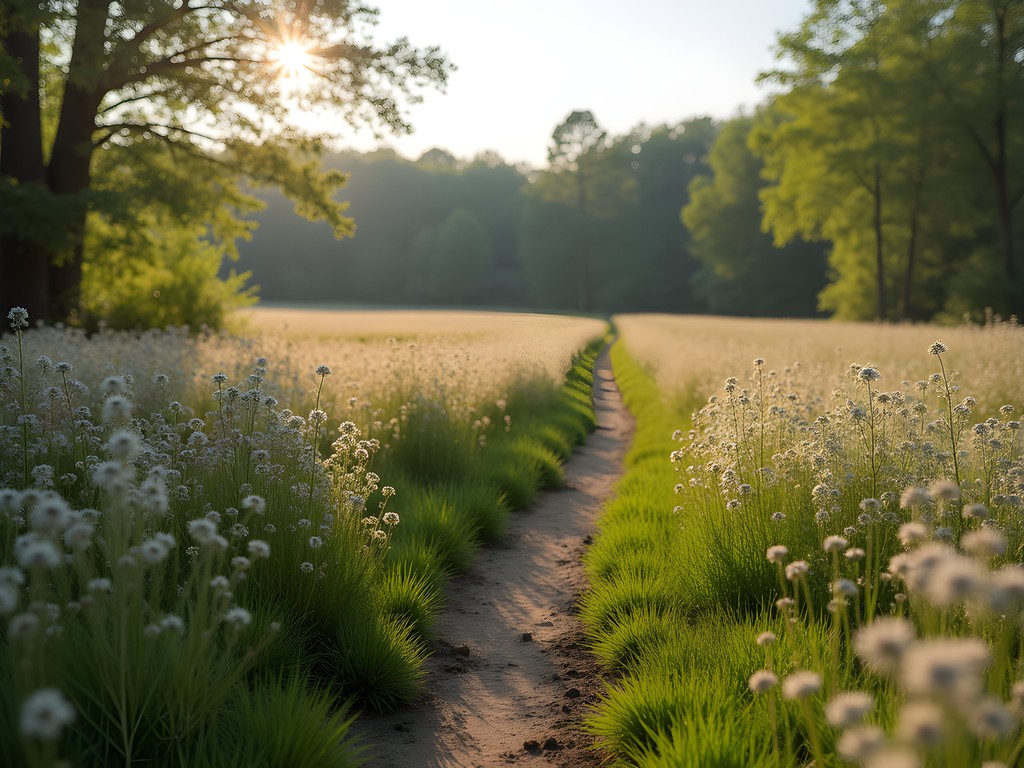 Greenwich Audubon Center spring meadow with blooming wildflowers and hiking trail