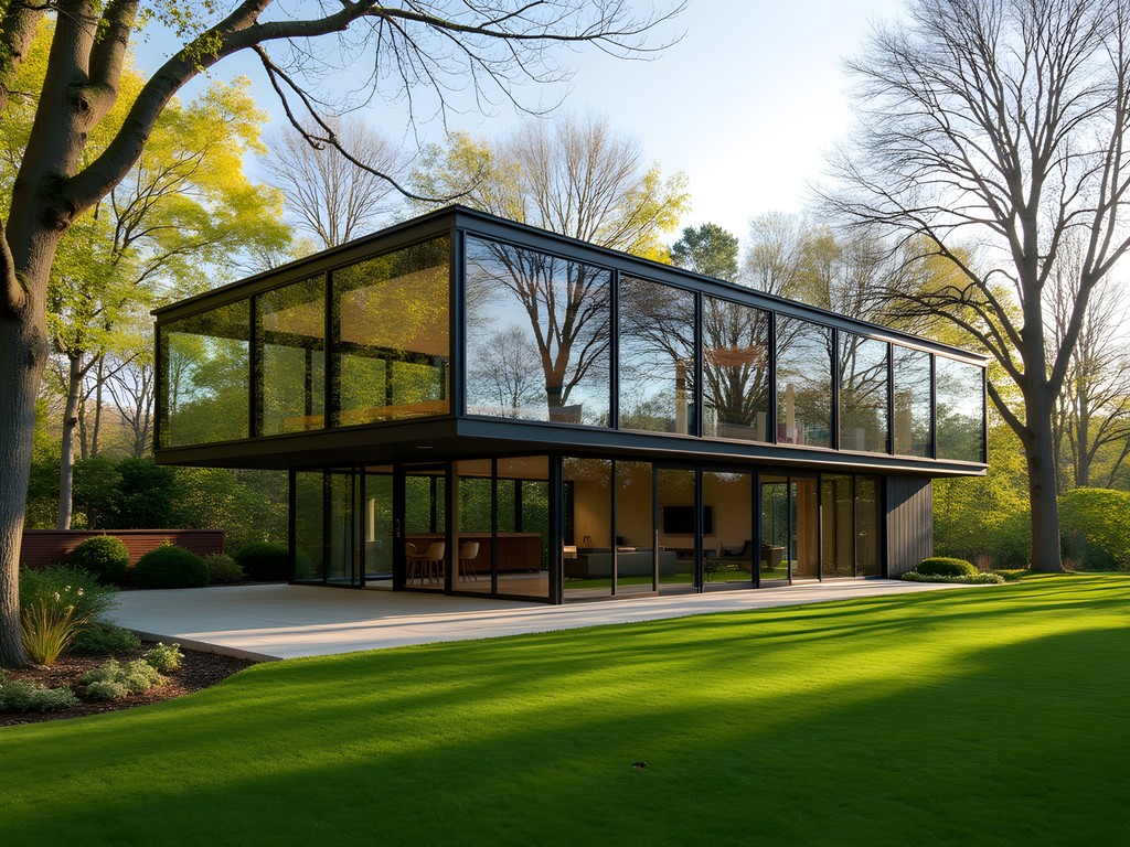 Philip Johnson's Glass House with spring landscape reflections in New Canaan near Greenwich