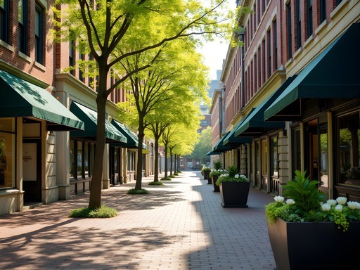 Greenwich Avenue shopping district with historic buildings and spring flowers