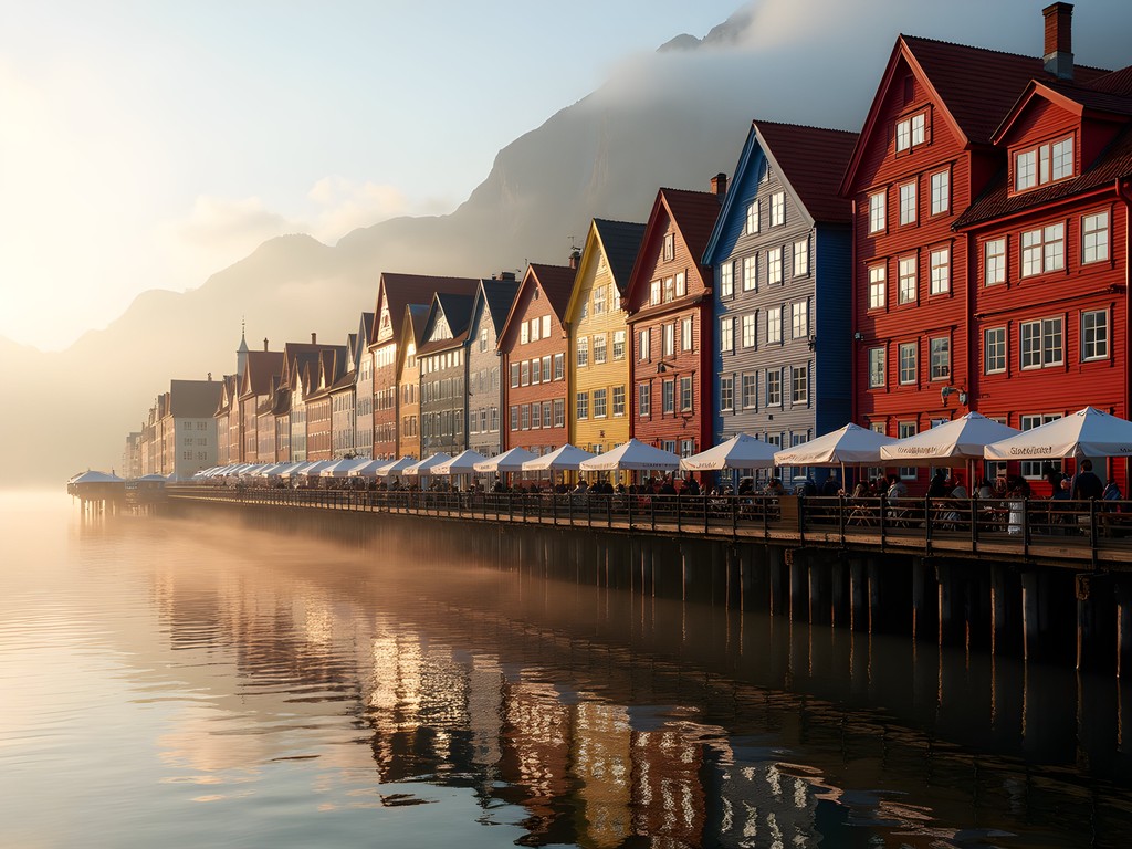 Colorful historic Bryggen wharf buildings in Bergen, Norway with morning light