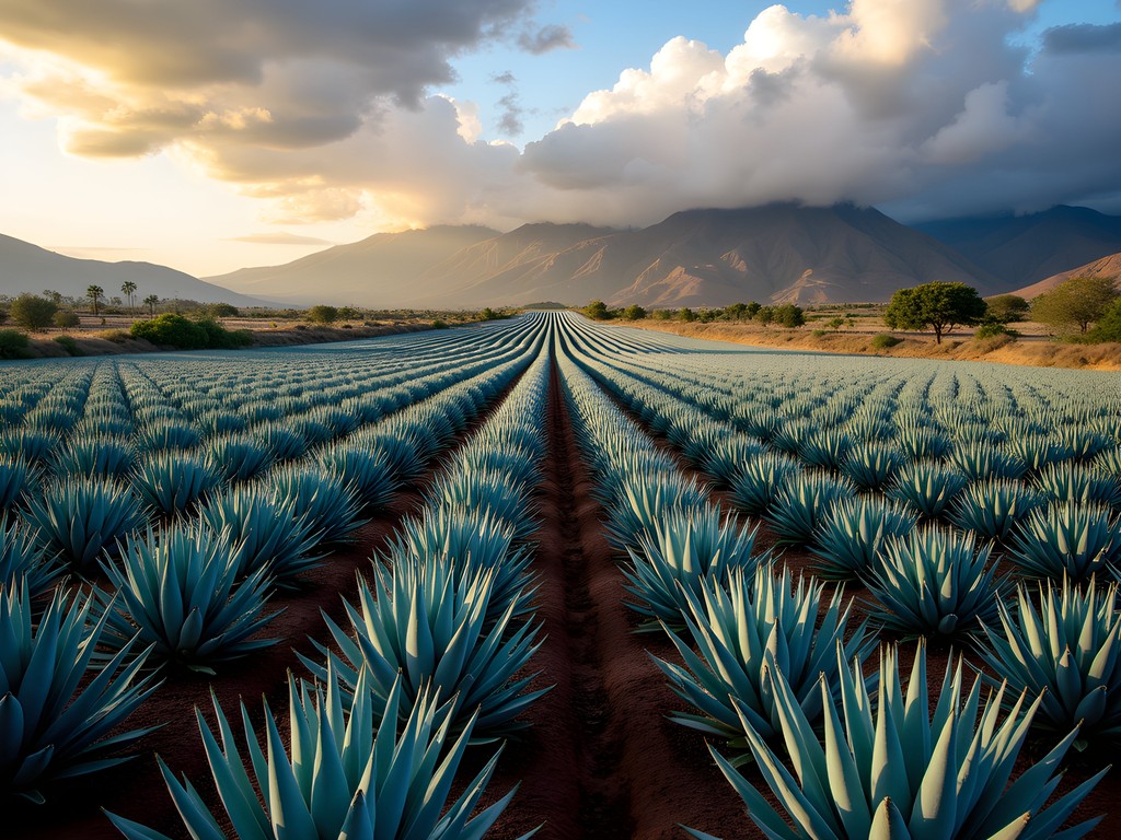 Vast blue agave fields with mountains in the background near Tequila, Jalisco