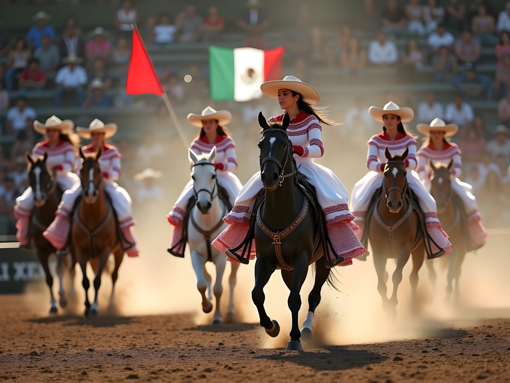 Female escaramuzas performing synchronized horseback riding in elaborate dresses during a charrería show in Guadalajara