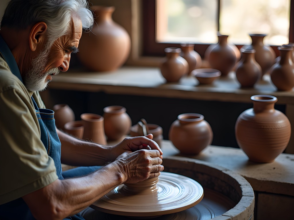 Mexican artisan creating traditional pottery in a workshop in Tonalá, Guadalajara