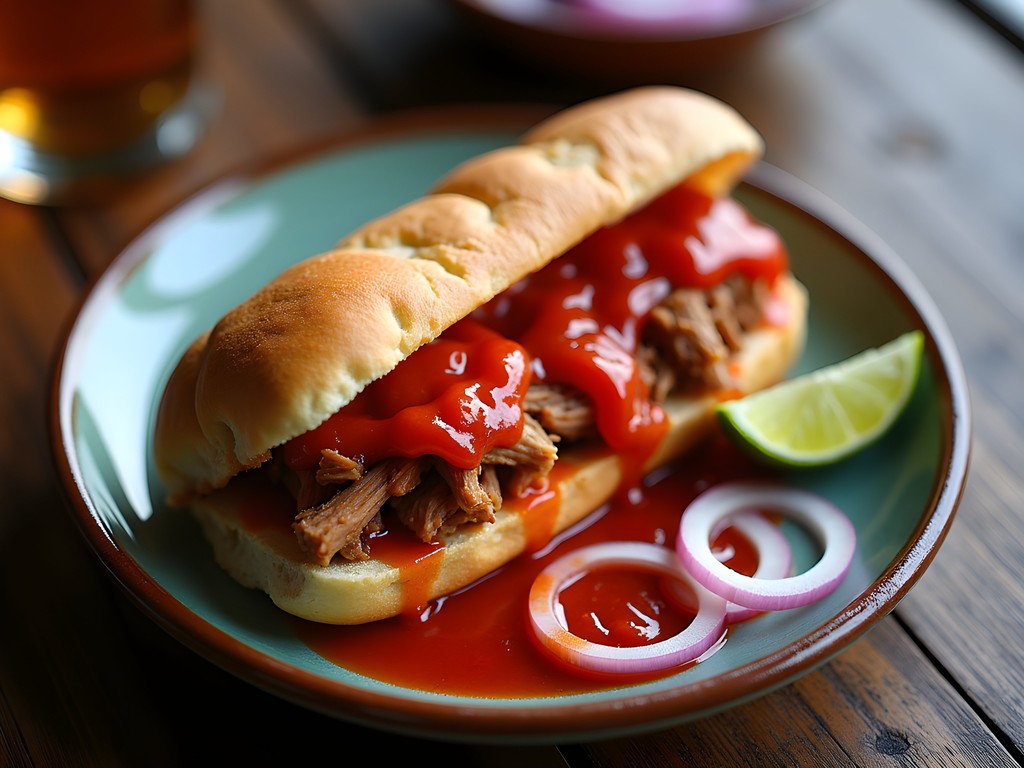 Traditional tortas ahogadas (drowned sandwiches) with spicy sauce on a plate in Guadalajara