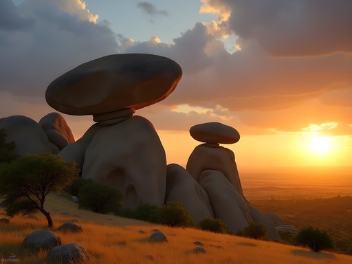 Ancient balanced granite formations in Matopo Hills at sunset, Zimbabwe