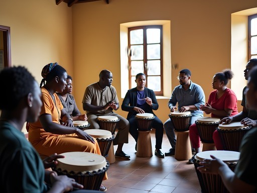 Group drumming circle at Midlands Arts and Cultural Centre in Gweru, Zimbabwe