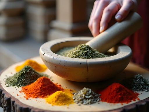 Traditional Ayurvedic herb preparation with mortar and pestle near ancient ruins