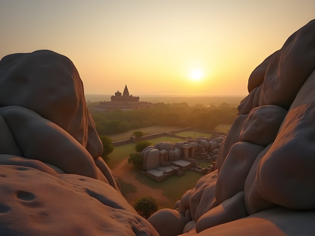 Sunrise over ancient boulder formations and temple ruins in Hampi, India
