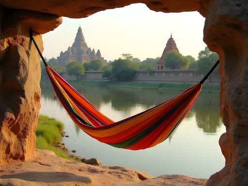 Travel hammock strung between boulders overlooking Tungabhadra River and ancient ruins in Hampi