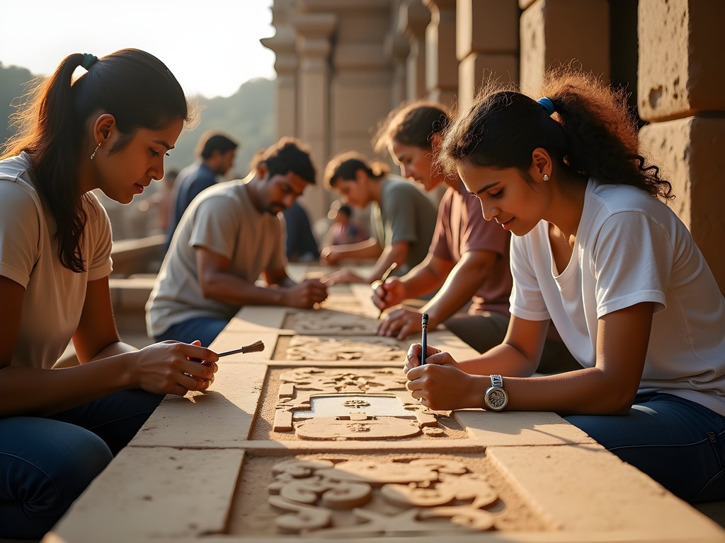 Volunteers working on preservation efforts at ancient temple ruins in Hampi