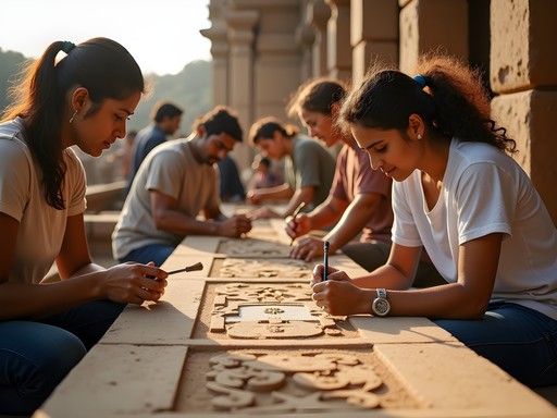 Volunteers working on preservation efforts at ancient temple ruins in Hampi