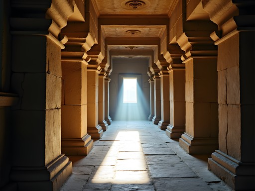 Interior corridor of Virupaksha Temple with light filtering through ancient stone architecture