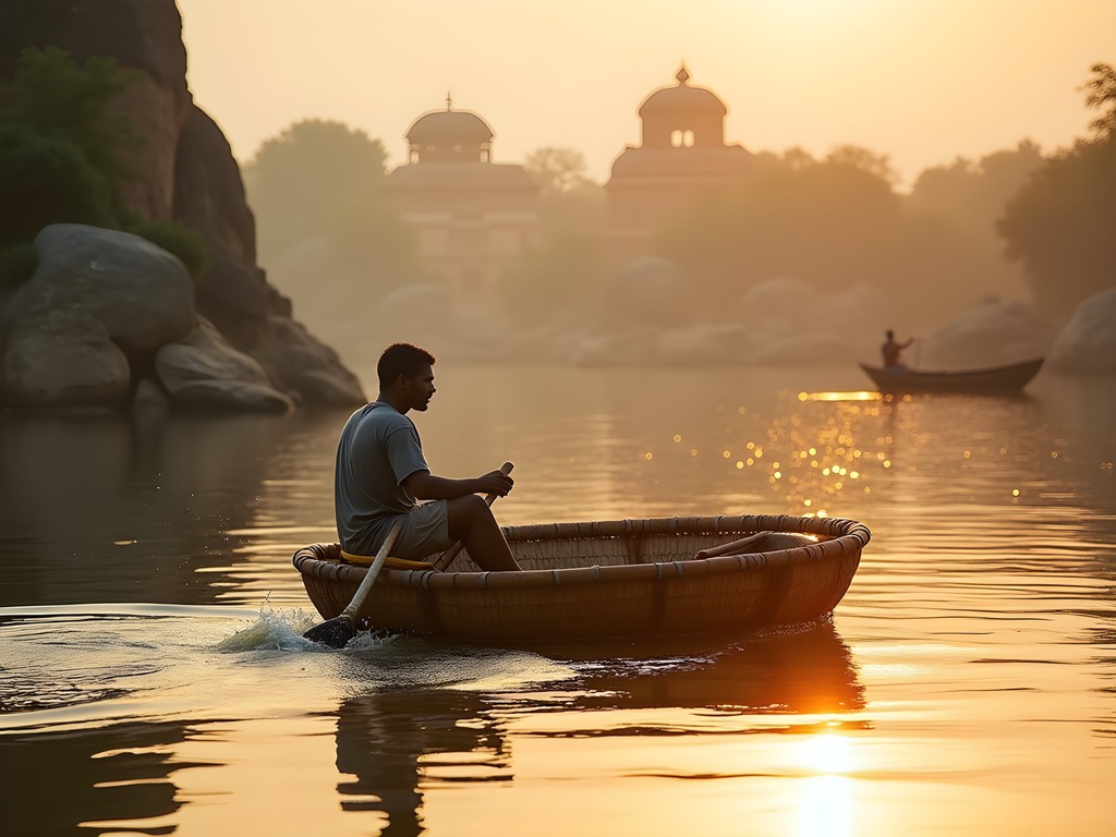 Traditional coracle boat crossing the Tungabhadra River in Hampi
