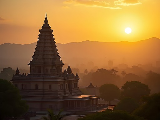 Sunrise over Virupaksha Temple in Hampi with boulder-strewn landscape