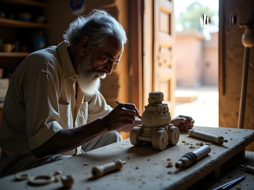 Local stone carver crafting miniature replicas of Hampi monuments