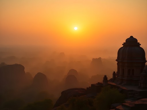 Sunrise view from Hemakuta Hill showing Hampi's temple ruins and boulder landscape