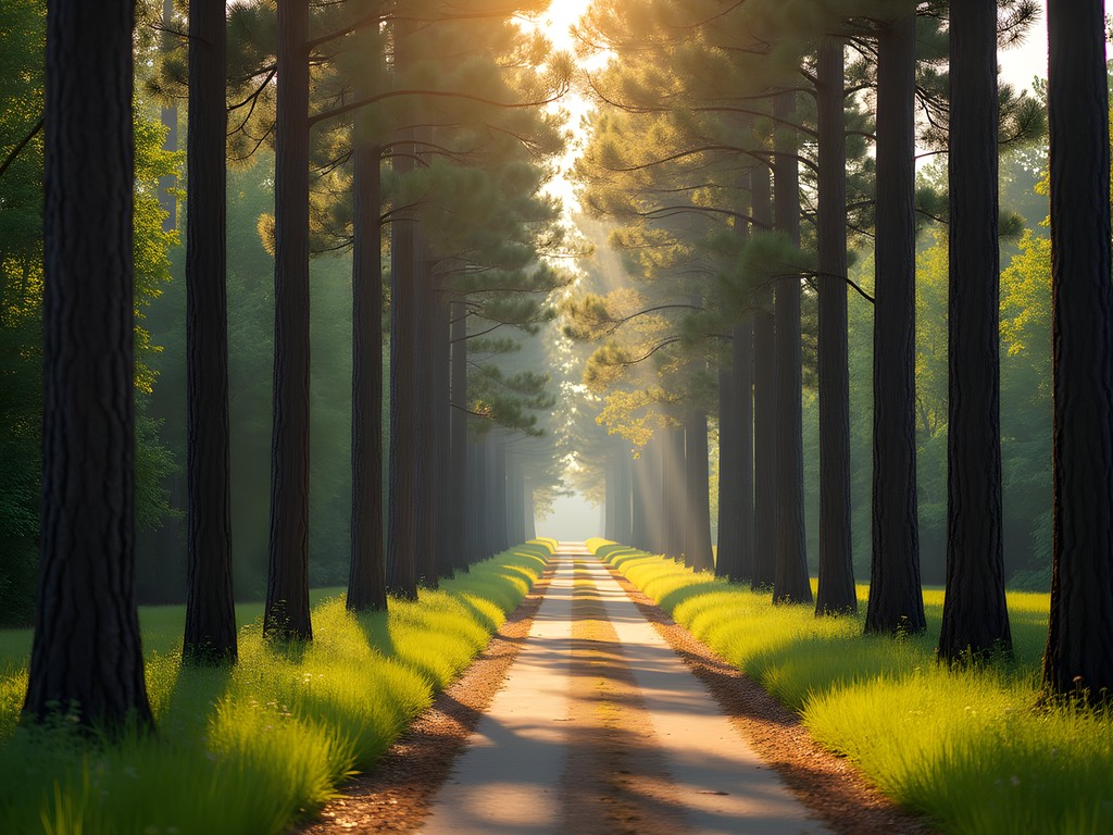 Serene tree-lined path on the Longleaf Trace with dappled sunlight