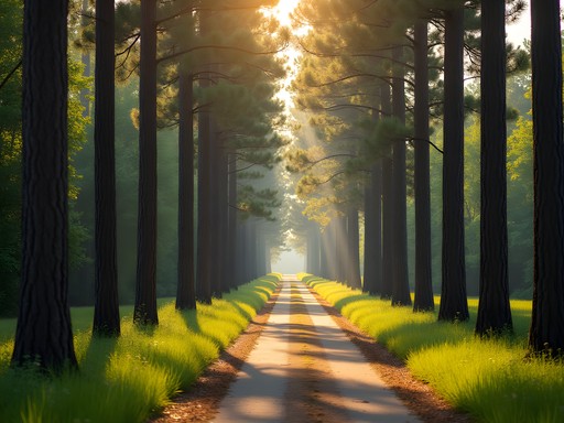 Serene tree-lined path on the Longleaf Trace with dappled sunlight