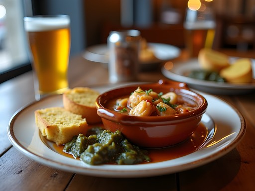 Authentic Southern meal with seafood gumbo, cornbread, and local craft beer
