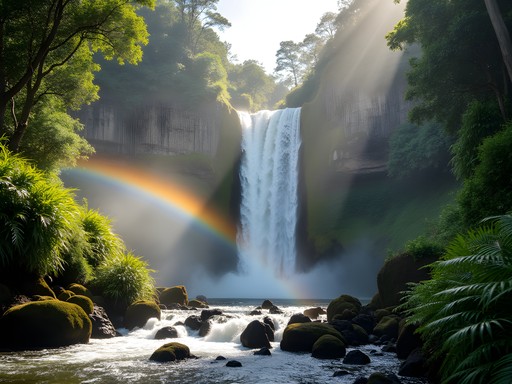 Rainbow Falls in Hilo Hawaii with mist and lush tropical vegetation showing sacred Hawaiian site