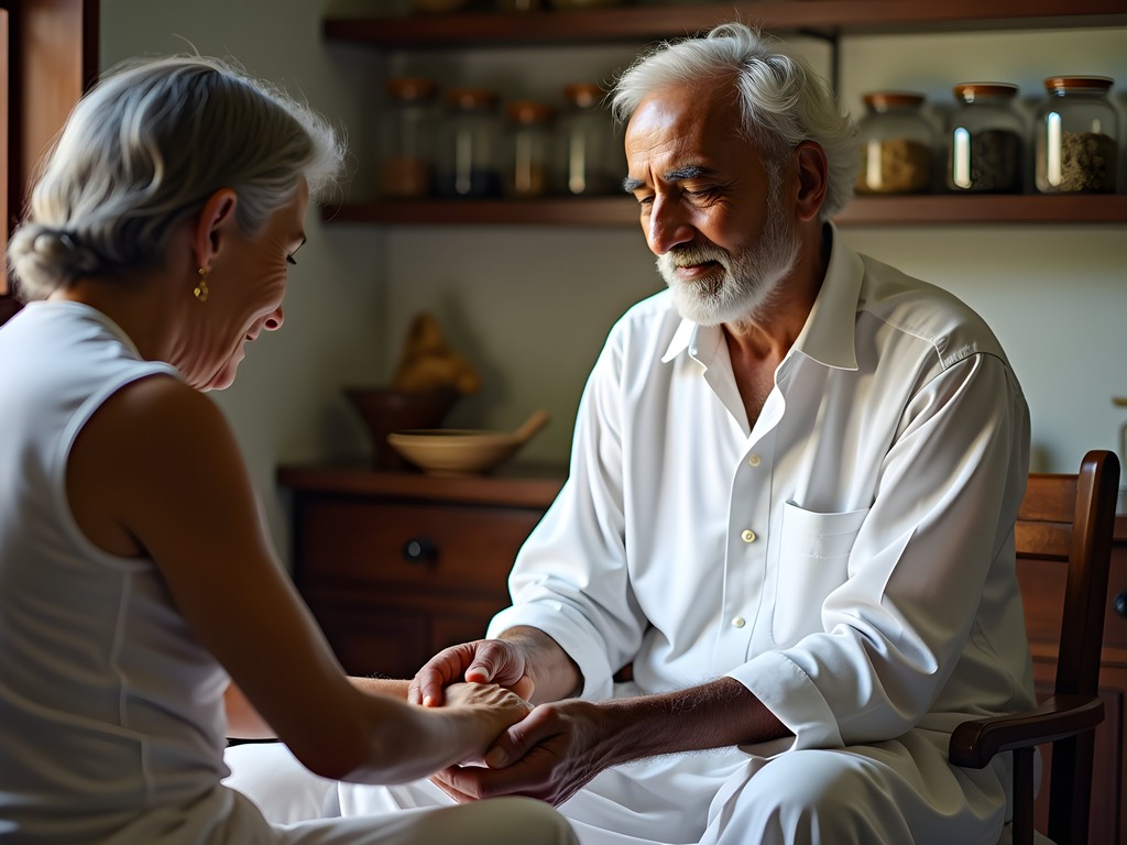 Traditional Ayurvedic pulse diagnosis being performed at Arya Vaidya Pharmacy in Hyderabad