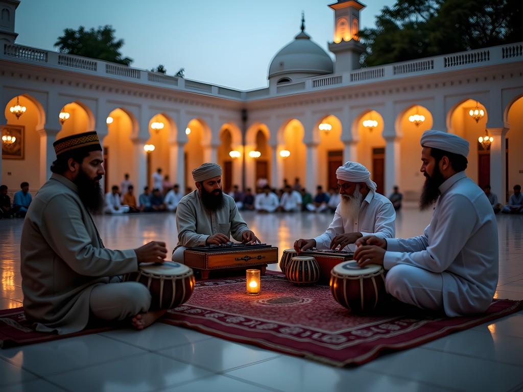 Qawwali musicians performing traditional Sufi devotional music in the courtyard of Dargah Yousufain, Hyderabad