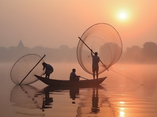 Silhouettes of traditional fishermen casting nets at dawn on Hussain Sagar Lake in Hyderabad