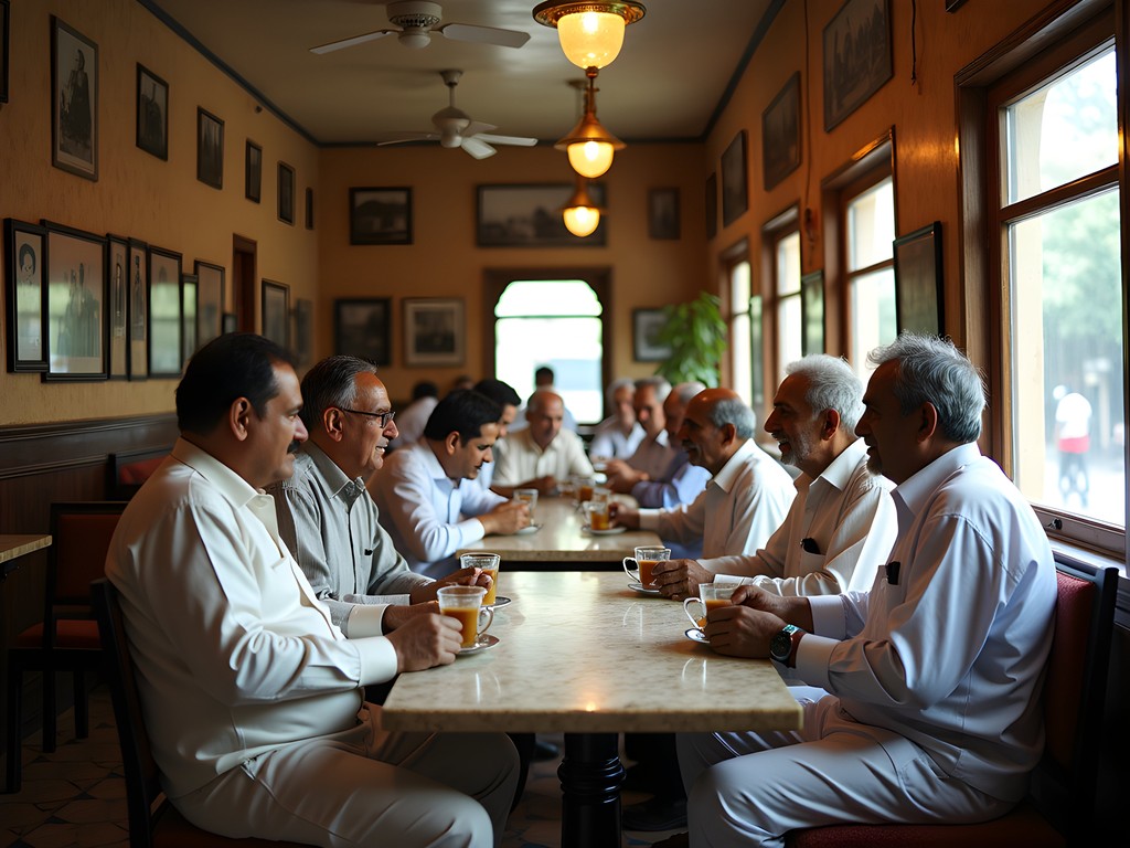 Diverse group of locals engaged in animated political discussion over Irani chai at a traditional café in Hyderabad