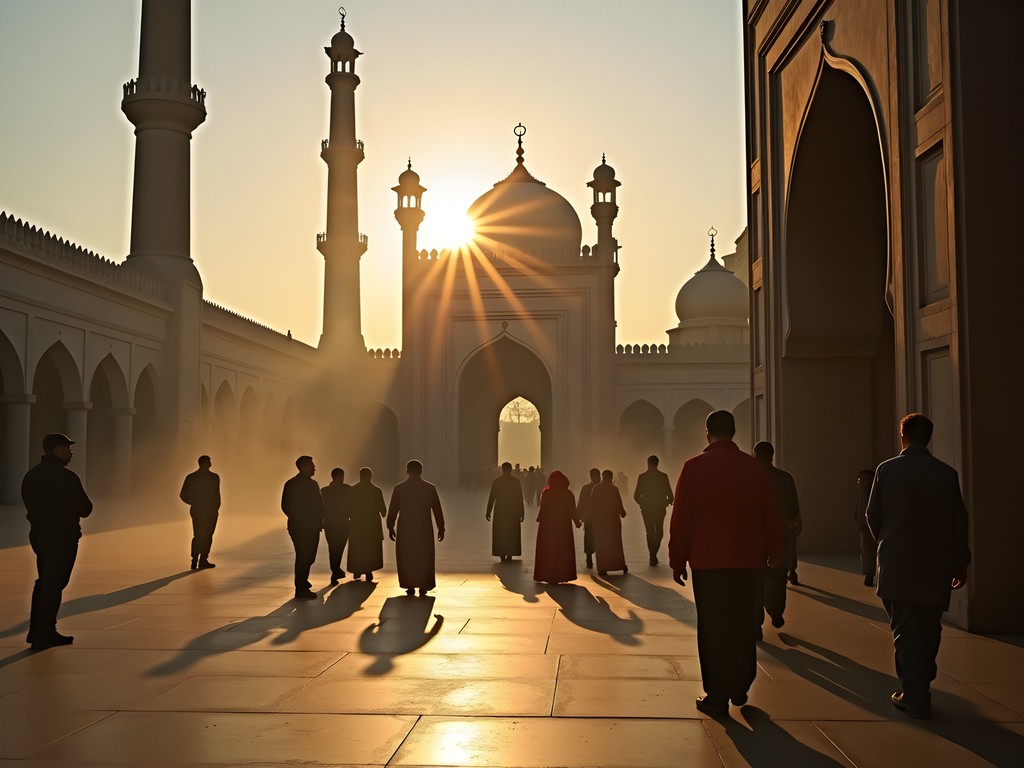 First light illuminating the historic Mecca Masjid in Hyderabad as worshippers gather for dawn prayer