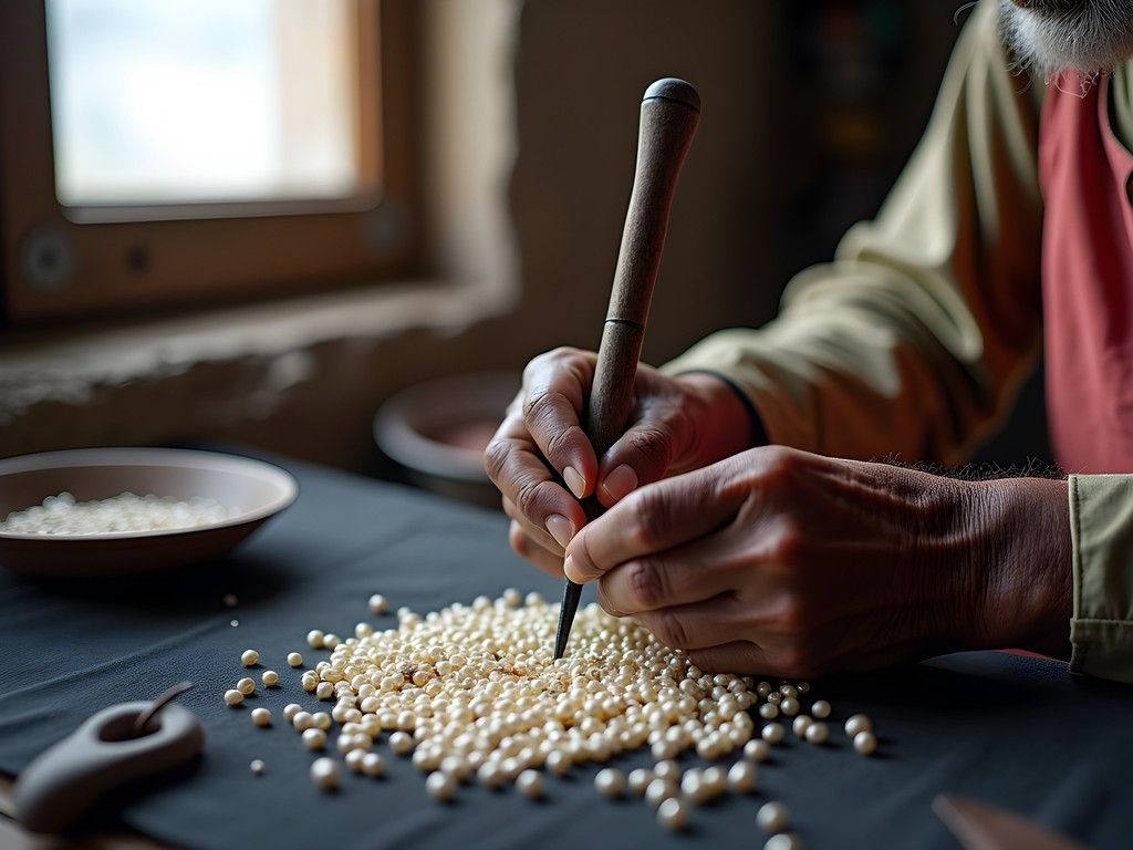 Pearl artisan in Hyderabad demonstrating traditional pearl drilling technique with bow drill