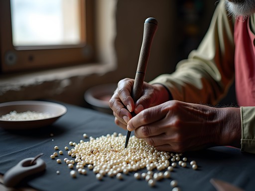 Pearl artisan in Hyderabad demonstrating traditional pearl drilling technique with bow drill