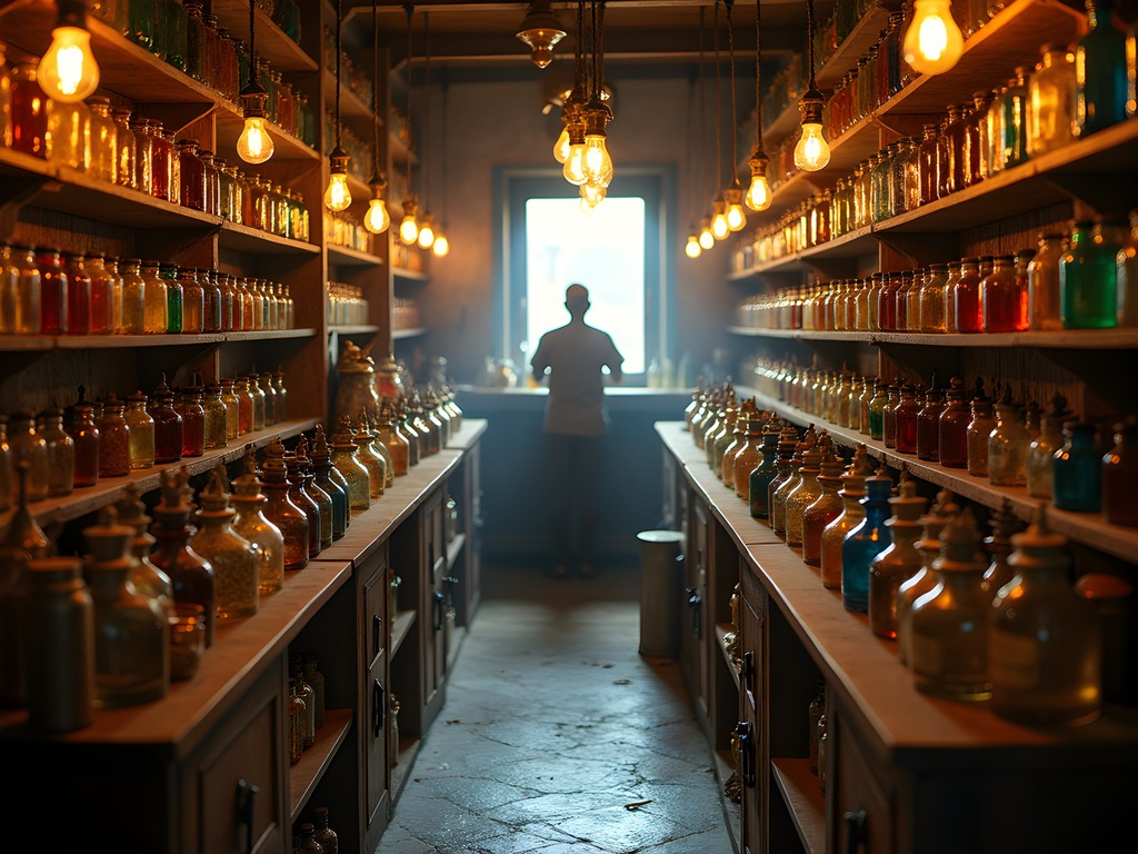 Traditional attar (natural perfume) shop in Moghalpura with vintage glass bottles and perfume-making equipment