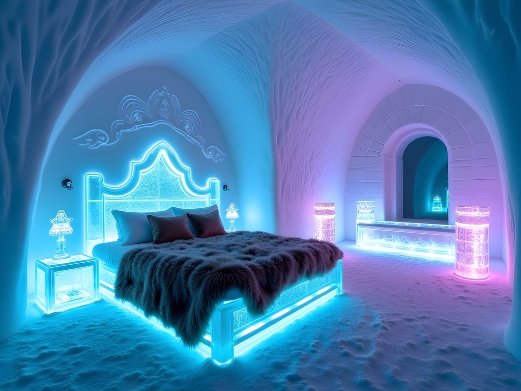 Intricately carved ice art suite at Sweden's Ice Hotel