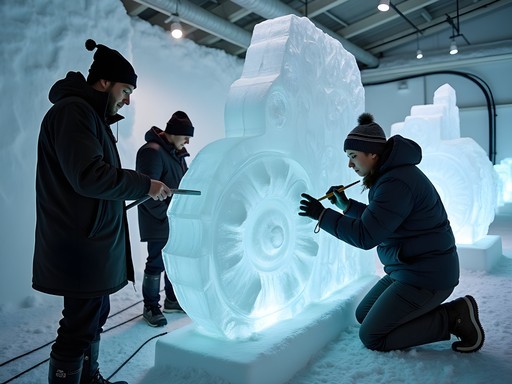International artists collaborating on ice sculptures at Sweden's Ice Hotel