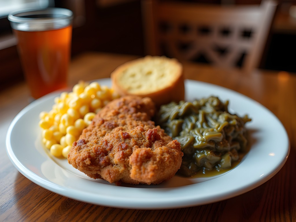 Traditional Southern comfort food plate at a Jackson restaurant popular with musicians