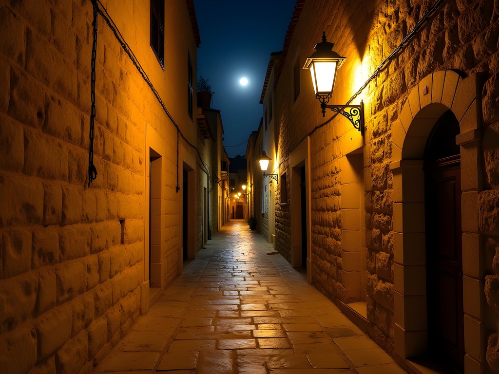 Atmospheric night scene of illuminated ancient stone pathways in Jerusalem Old City