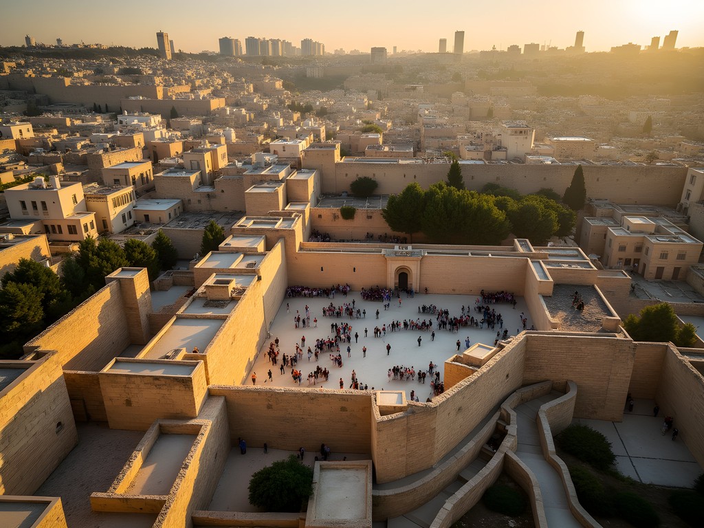 Aerial view of Jerusalem's Old City four quarters with distinct architectural patterns