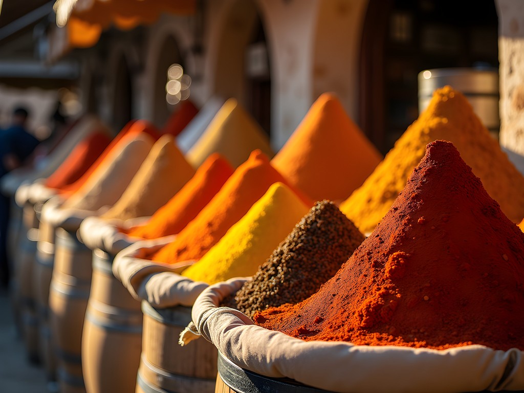 Vibrant Jerusalem spice market with colorful mounds of spices and cultural interaction